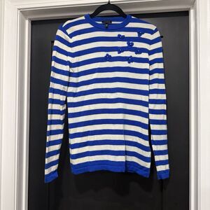 Escada Ivory Royal Blue Knit 100% Virgin Wool Pullover Sweater Women Sz Small